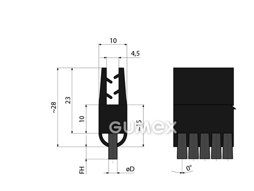 Profil s kartáčem 1330,  33x10mm, délka kartáče 5mm, průměr 0,15mm, sklon 0°, profil TPE, kartáč PA6, -20°C/+100°C, černý